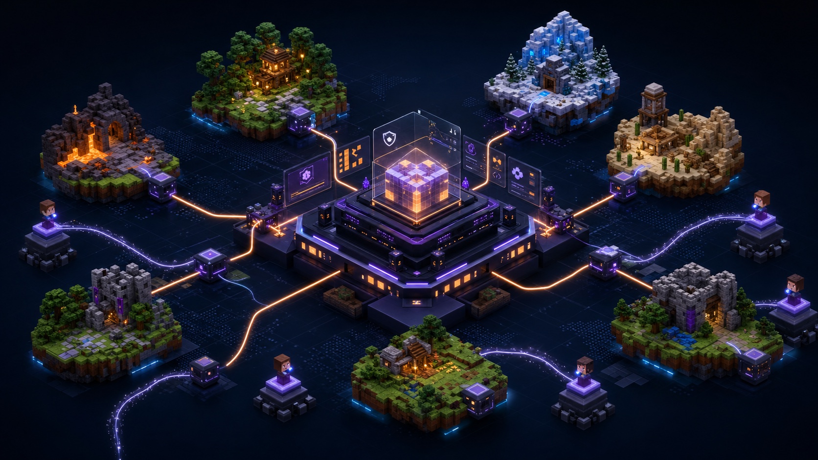 A stylized Minecraft control hub connected to server endpoints and support signals.